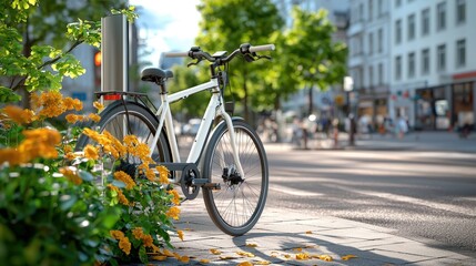 Fototapeta premium Serene Urban Scene with Bicycle Amidst Flowers