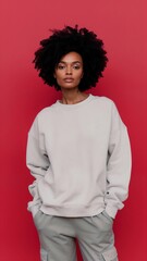 Photo of a young woman wearing white sweatshirt mockup red background. Design pullover template, print presentation mock-up. text space