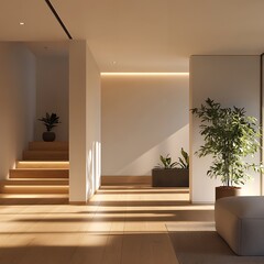 明るいリビングと木製フローリングのシンプルな空間 