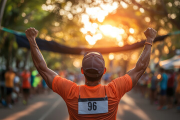 person celebrating after crossing finish line of race, arms raised in triumph against beautiful sunset backdrop. atmosphere is filled with joy and accomplishment
