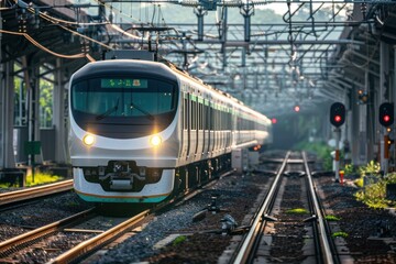Fototapeta premium Modern japanese commuter train is approaching the station platform early in the morning