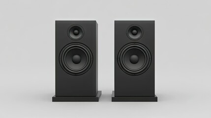 Obraz premium Pair of acoustic speakers in a black matte finish, standing tall and delivering a sense of power and clarity in sound.
