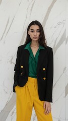 Young girl is wearing a black blazer over a bright green shirt, paired with yellow high-waisted pants, standing against a marble-patterned background.