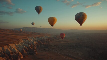 Fototapeta premium Colorful hot air balloons soar over a mountainous landscape at sunrise.