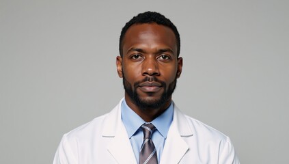 African American doctor portrayed seriously in white lab coat