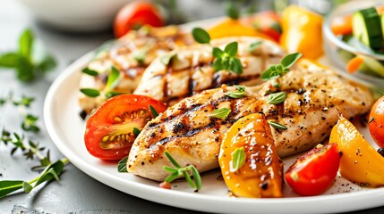 Grilled chicken breast with grilled vegetables and herbs on a plate.