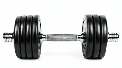 Fototapeta premium Single adjustable dumbbell isolated on a white background, emphasizing its weight plates and sturdy construction.
