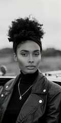 Close up Photo of a black girl  wearing a black leather jacket and a black turtleneck, standing outdoors with a blurred, natural background.