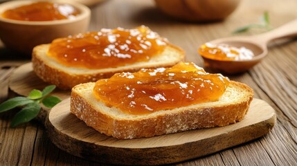 Toast slices smeared with a thick layer of apricot jam, set against a rustic wooden background, emphasizing the golden hue of the jam and toast.