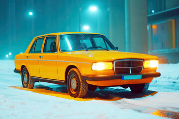 A Vintage Car Stands Alone Under a Starlit Sky in a Softly Lit Winter Night