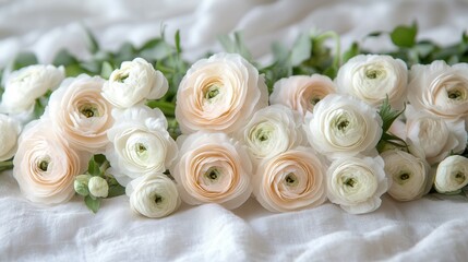 Obraz premium A beautiful arrangement of ranunculus flowers in shades of white and soft peach is artfully displayed on a white, textured fabric. The intricate layers of petals create a charming, romantic aesthetic 