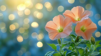 Fototapeta premium Three peach-colored flowers bloom amidst lush green leaves, illuminated by soft sunlight. A dreamy background creates a bokeh effect, emphasizing the delicate petals and natural beauty of the garden s