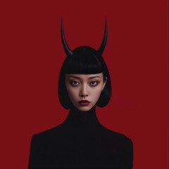 A girl is wearing a black turtleneck and black horns, standing against a vibrant red background.