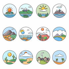 A set of twelve circular icons featuring different nature scenes, including mountains, water, sun, clouds, and trees.