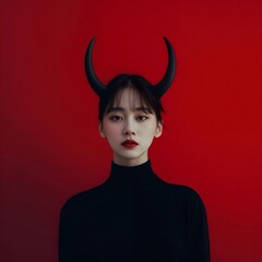 A girl is wearing a black turtleneck and black horns, standing against a vibrant red background.