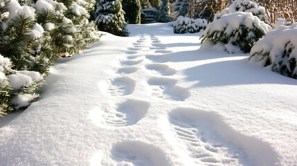 Snow-covered footprints leading through a forest, mysterious and quiet winter time, soft, blended brushstrokes suggest the quiet solitude of the forest 