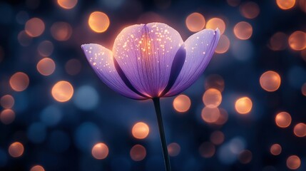 A single purple flower glows with a soft light, surrounded by a blurred background of warm bokeh.