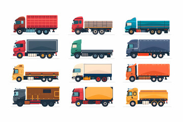 A collection of twelve different types of semi trucks, all shown in side profile. Each truck is illustrated with a unique cargo bed or trailer, in various colors and styles.
