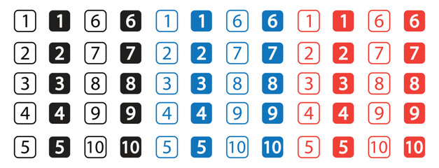 Number circle icon set 1-10. Numbers alphabet letters font black, blue and red color collection.