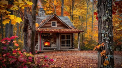 A cozy cabin nestled among autumn foliage with a crackling fireplace, Nature setting with cabin coziness, Cozy style
