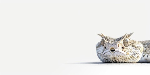 horned viper lies motionless against a white backdrop highlighting its distinctive horns and textured scales demonstrating its adaptation to the environment.