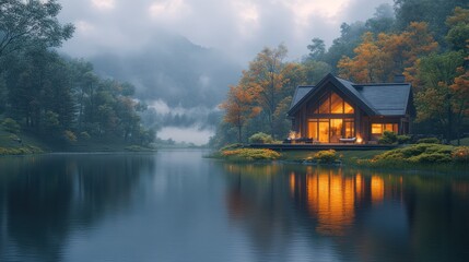 Fototapeta premium A serene, glowing home wrapped in soft light, with an insurance broker offering dreamlike protection and cover.