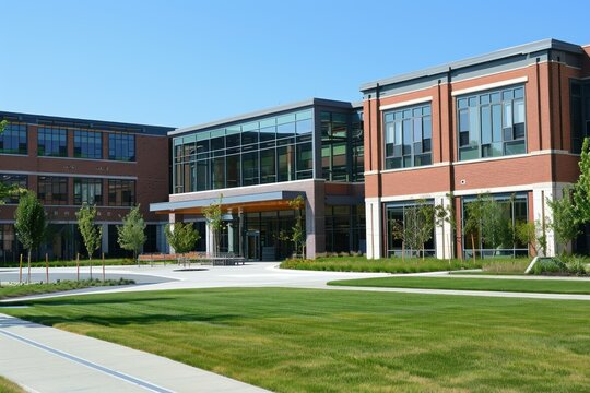 Modern office building with a glass facade is surrounded by well maintained green lawns and landscaping