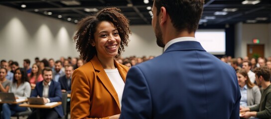 Fototapeta premium A young African-American woman smiling among engaged conference participants in a lively environment