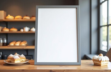 A blank menu stand is positioned near an assortment of delectable pastries, including creamy cakes, in a bright and inviting bakery setting