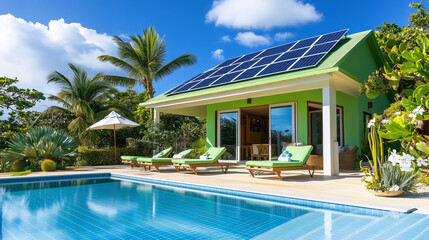 Green house with solar panels on the roof, swimming pool nearby 