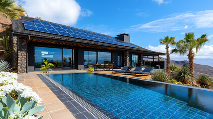 Summer villa with swimming pool, solar panels on the roof