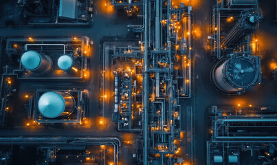 Fototapeta premium Aerial view of an industrial plant at night, lit up with warm lights