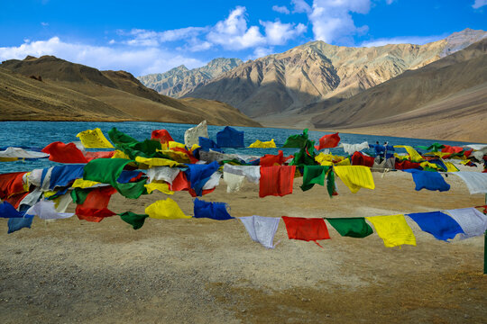 Buddhist Prayer flags a t Chandratal lake, Spiti Valley
