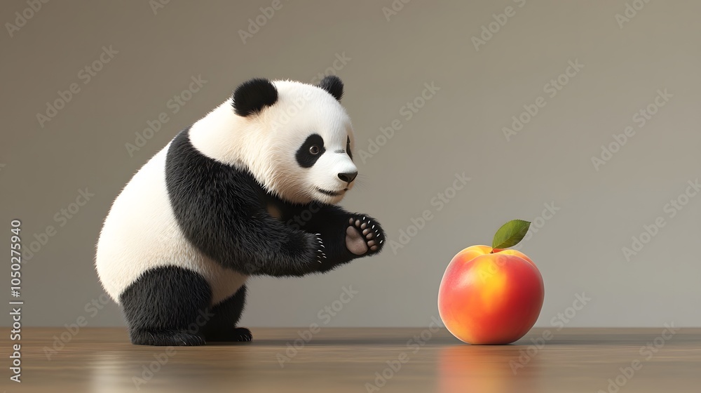 Poster A back-angle view of a panda reaching toward a peach slice, its fluffy ears and tail visible, plain background, 4K resolution