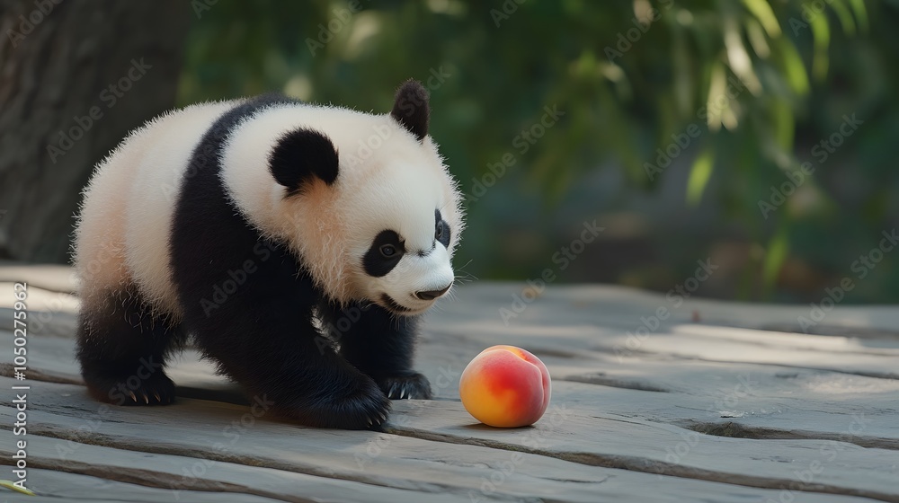 Poster a back-angle view of a panda reaching toward a peach slice, its fluffy ears and tail visible, plain 