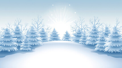A winter forest scene with a snow-covered landscape, softly illuminated by sunlight against a light blue background. Snow sparkles gently on branches and the ground, creating a serene, wintry atmosphe