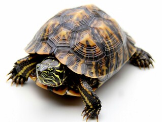 Fototapeta premium Keeled Box Turtle remains stationary with its unique raised shell prominently displayed. The soft shadows enhance the turtles vibrant markings against a white backdrop.