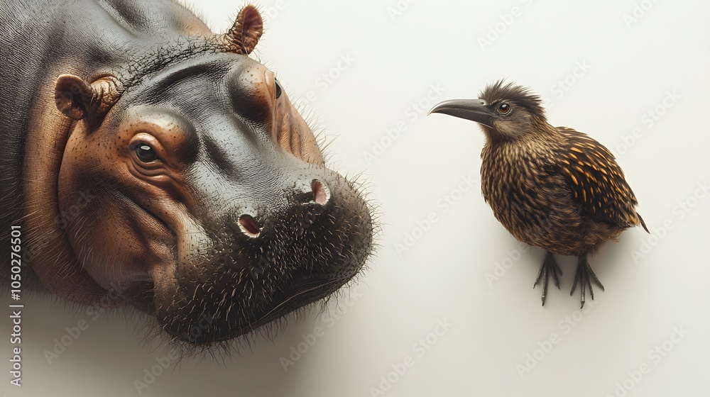 Poster A top-down view of a pygmy hippopotamus and a kiwi, its snout leaning forward, plain background, 4K resolution