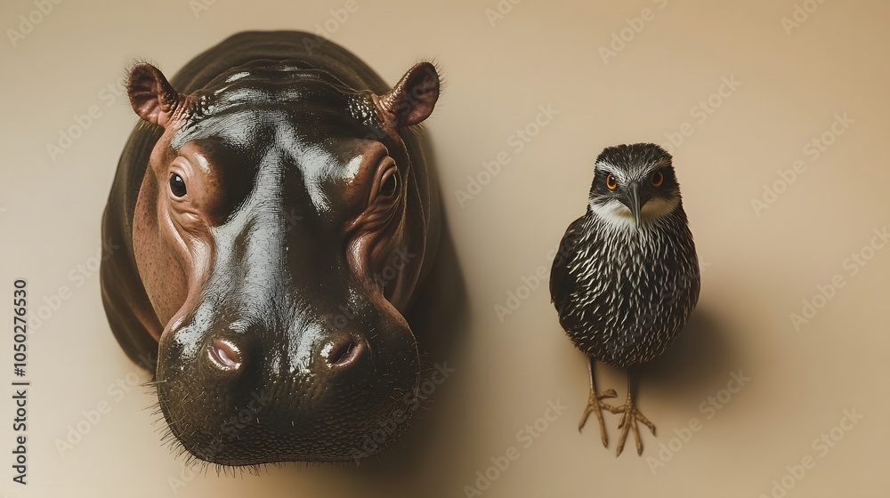 Poster a top-down view of a pygmy hippopotamus and a kiwi, its snout leaning forward, plain background, 4k 