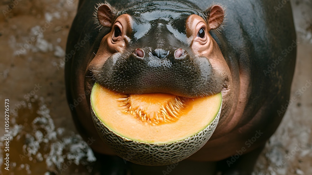 Poster a top-down view of a pygmy hippopotamus inspecting a slice of cantaloupe, plain background, 4k resol