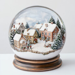 charming snow globe with winter village scene, featuring snow covered cottages and snowy landscape