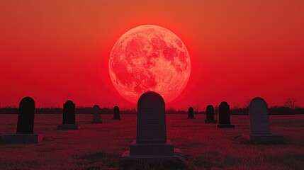 A large red moon rises over a cemetery with a field of tombstones in front of it.