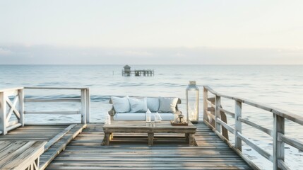 A cozy coastal cottage with a rustic pier and serene ocean views, Coastal setting with cottage charm, Tranquil style