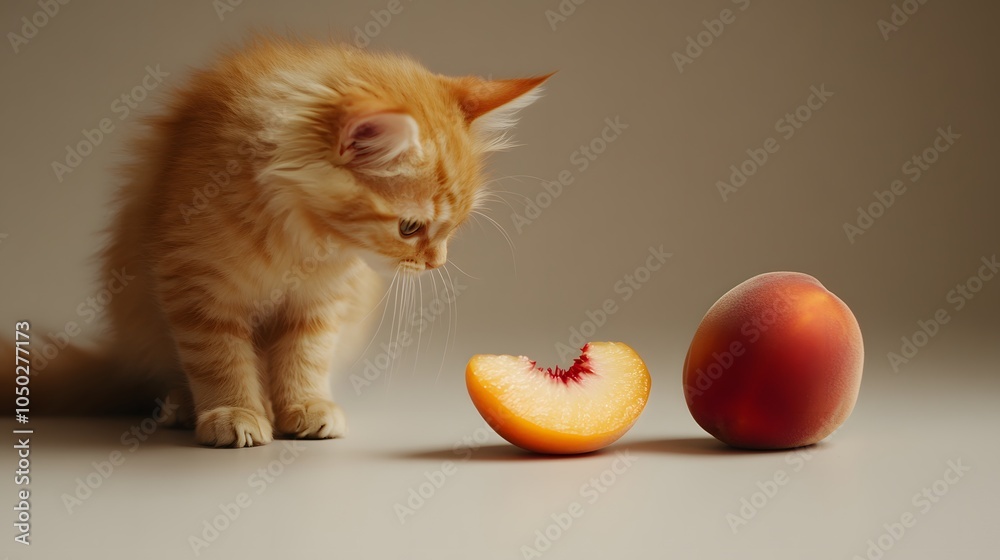 Poster A back-angle view of a cat looking at a slice of peach, its tail flicking slightly, plain background, 4K resolution