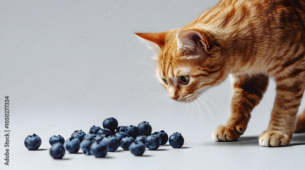 Poster a back-angle view of a cat approaching a small pile of blueberries, its tail lifted in interest, pla