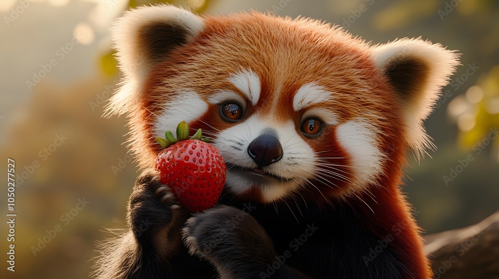 Poster A close-up front view of a red panda nudging a strawberry with its nose, its small ears perked forward, plain background, 4K resolution