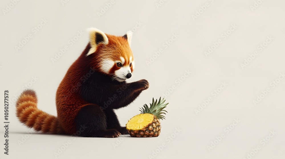 Poster A wide side view of a red panda sitting near a slice of pineapple, its tail wrapped around its body, plain background, 4K resolution