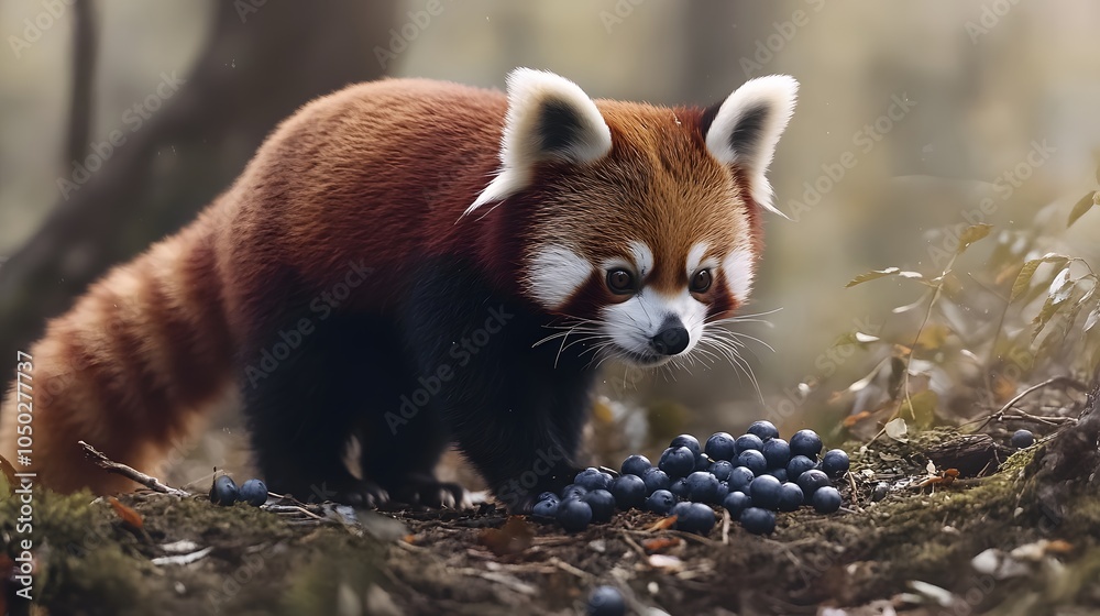 Poster A back-angle view of a red panda approaching a small pile of blueberries, its tail swishing in interest, plain background, 4K resolution