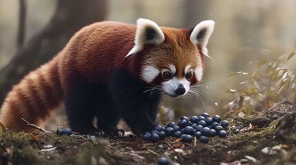 Fototapeta premium A back-angle view of a red panda approaching a small pile of blueberries, its tail swishing in interest, plain background, 4K resolution