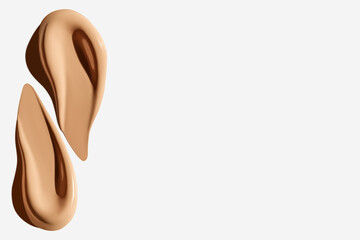 Composition of foundation cream smears on a light background. Makeup product, beauty textures.